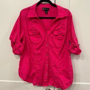 Lane Bryant Hot Pink Button Front Roll Tab Sleeve Shirt Women’s 18/20 Cotton